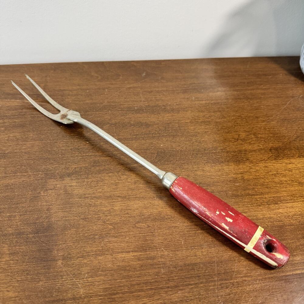 Vintage A&J Red Wood Handle Meat Serving Fork Made in USA Kitchen Utensil